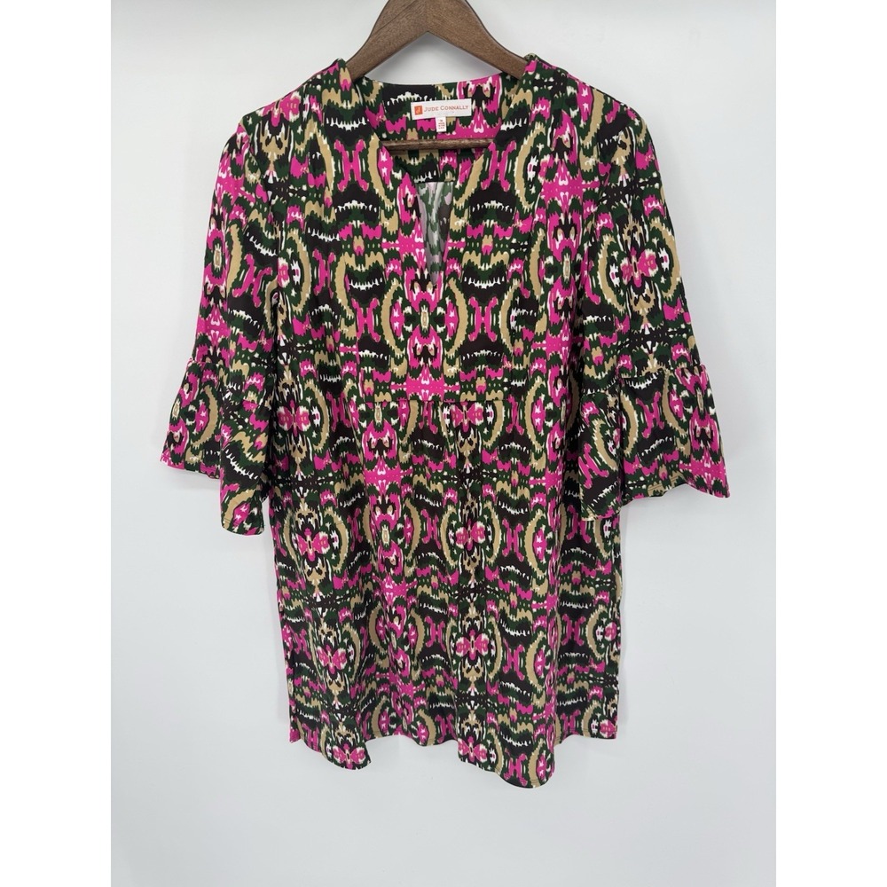 Jude Connally M Pink Dress Geometric Tunic Bell Sleeve Abstract Mod Artsy USA - Picture 2 of 10
